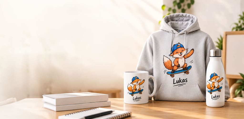 Fuchs auf Skateboard mit Namen Lukas als Motiv auf Tasse, Hoodie und Trinkflasche